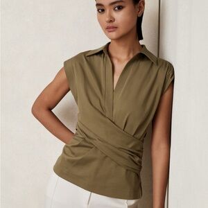 Reiss Jean Stretch-Cotton Wrap-Front Collar Top in Khaki Green